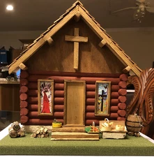 Red Log Cabin Church  Diaroma 1:15  hand built of vintage woods