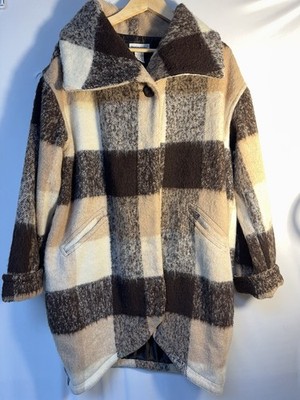Jessica London Plaid Wool Blend Coat Women s Size 14 Oversized Collar Brown
