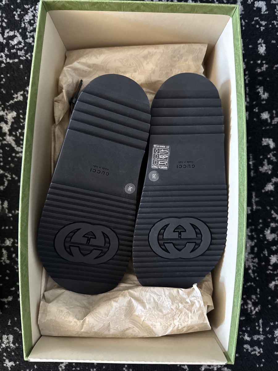 New Auth Gucci Leather Letter Logo White Black Crossover Slide