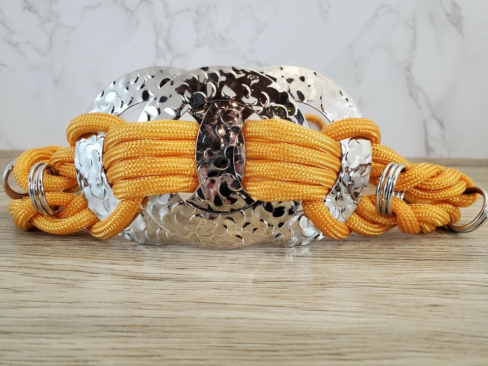 Women's Belt S Hammered Silver Tone Metal Yellow Fall Colors Nylon Cord - Image 3 of 4