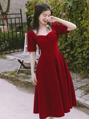 Autumn Summer Women Red Velvet Dress 