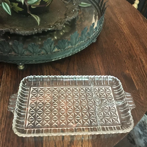 Vintage Hazel Atlas Snack Plate Rolling tray glass handles 11" by 6" Snowflake