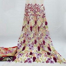 Colorful Embroidered Tulle Lace Fabric with 3D Flowers