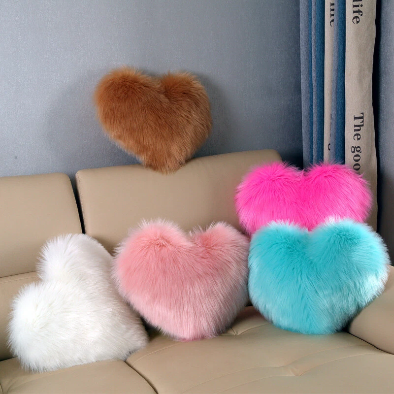 Heart Shaped Fluffy Faux Fur Plush Throw Pillow Case Shaggy Sofa Cushion Cover - Image 3 of 4