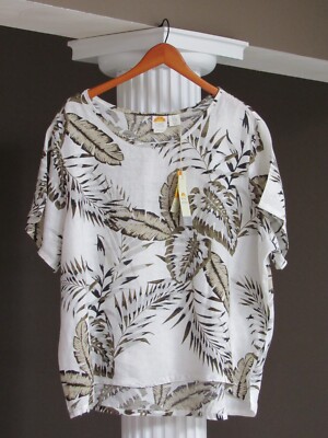 C&C CALIFORNIA Olive Multi  100% Linen Short Sleeve Hi-Low Hem Top Shirt 3X NWT