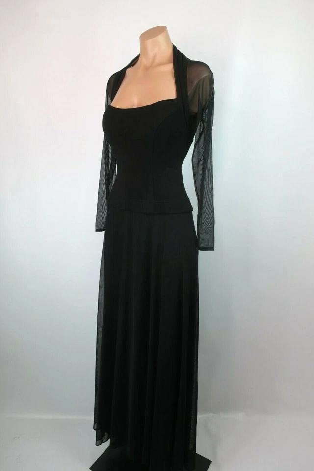 Vestido de Colección Años 80 Tadashi S/M Largo Negro Bodycon Manga Larga Ilusión Vaina Vestido Foto 3 de 4