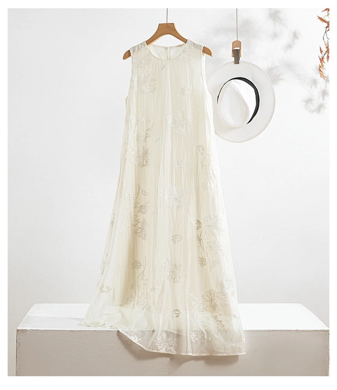 OFF WHITE Abito donna moda ricamato tencel lungo smanicato gilet vestito gonna linea A