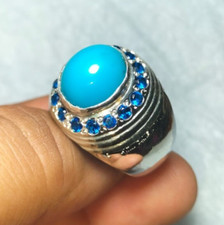 Beautiful Natural Blue Turquoise Stone Ring With Blue Zircons Around Feroza 925