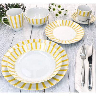 6er Set Split Gelb Porzellan Tassen Teller Schalen Becher 6 Personen Streifen