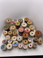 Lot 34 Vtg Wooden Sewing Thread Spools Crafts Hobby Some Printed & Paper Labels