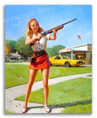 1970s Gil Elvgren PinUp Girl Poster ''Skeet Club'' Shotgun Shooting - 11x14