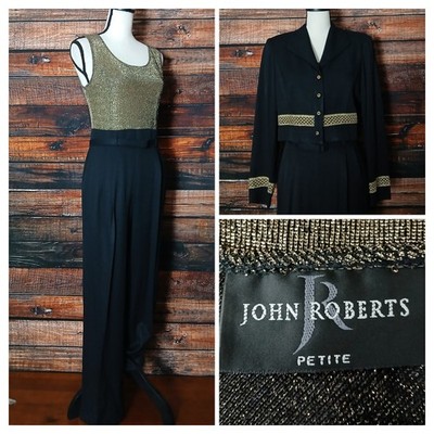 John Roberts Jumpsuit 8 Petite Vintage Two Piece Belted Black Gold Zip Back 