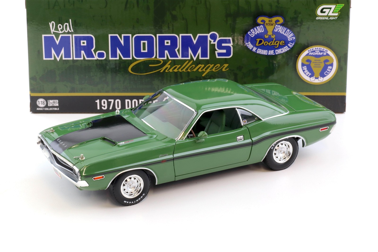 1:18 Greenlight 1970 Dodge Challenger R/T 426 HEMI Coupe Mr. Norm's Green/Black