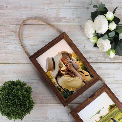 5 X 7 Walnut Brown Wooden Triple Collage Frame with Rope Hanging, Vertical Wall