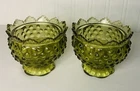 Vtg 4" Miniature Green Fenton Glass Hobnail Footed Candleholders - MCM Set of 2