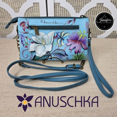 Anuschka Jardin Blue Genuine Leather Organizer Wristlet Crossbody