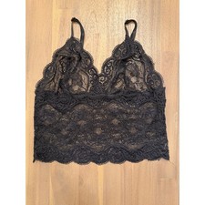 Black Floral Lace Bralette Adjustable Straps Sheer Longline Crop Top Small