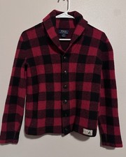 Polo Ralph Lauren Boy's Large Buffalo Check Shawl Cardigan Sweater Red/Black