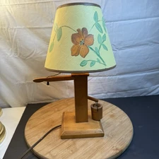 Vintage MCM handmade wood table lamp with hand painted shade Farmhouse Rustic