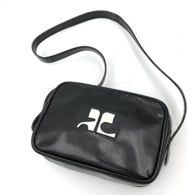 Courreges Damen Schultertasche Schwarz Leder Logo Rarität Gebraucht aus Japan