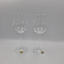 Pair Of Vintage Bohemia Crystal Crystalex Embossed Etched Floral Wine Glasses