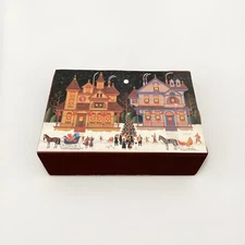 Vintage Charles Wysocki Folk Art Christmas Wood Trinket Box Decor 6.5 X 4.5 X 2