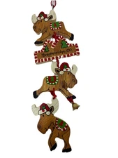 VTG 3 Jumping Moose Wooden Christmas Ornament 6.5” Hand Painted Brackenridge CO