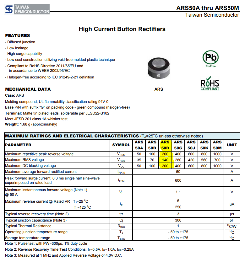 Lot of 4 - TSC Taiwan Semiconductor ARS50D Button Diode Rectifier ...
