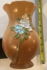 Vintage WELLER Brown  Vase with Pink & Blue  Flowers 8” tall G-8