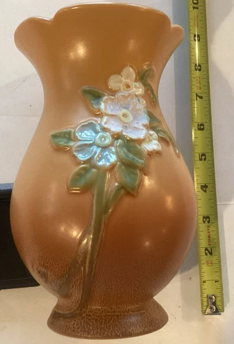 Vintage WELLER Brown  Vase with Pink & Blue  Flowers 8” tall G-8