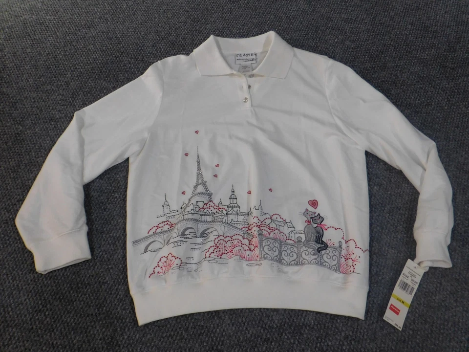 Alfred Dunner Top Mediano Blanco Ciudad Jersey Polo Mujer Gráfico Gatos Botón Foto 3 de 4