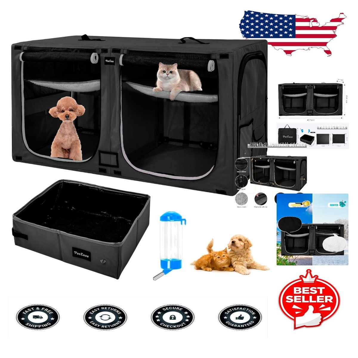 Dog Travel Crate Double Cat Car Travel Carrier, Twin Compartment