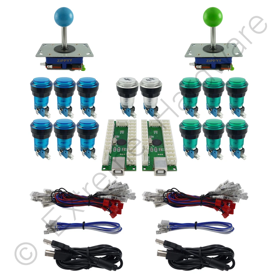 Kit Controllo USB 2 Giocatori Arcade 2 Joystick Top Sfera 14 Pulsanti LED Blu/Verde