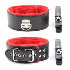 PU Leather Furry Neck Collar with Detachable Leash Ring Slave BDSM Bondage Adult