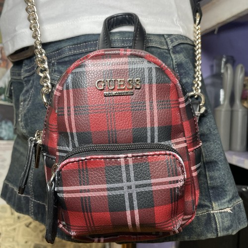 Red Plaid GUESS Mini Backpack Crossbody - Picture 2 of 9