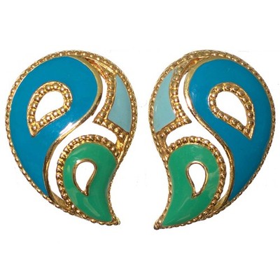 1980s Vintage Stud Earrings Paisley Comma Green Blue Enamel Gold Tone Avon