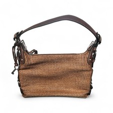 Fossil Y2K Vintage Hobo Handbag Medium Brown Leather with Straw and Woven Design