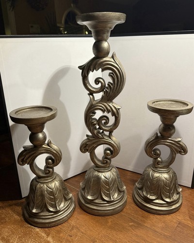 Set of 3 Gold Resin leaf Pedestal Candle Holders, Antique Style, Decorative