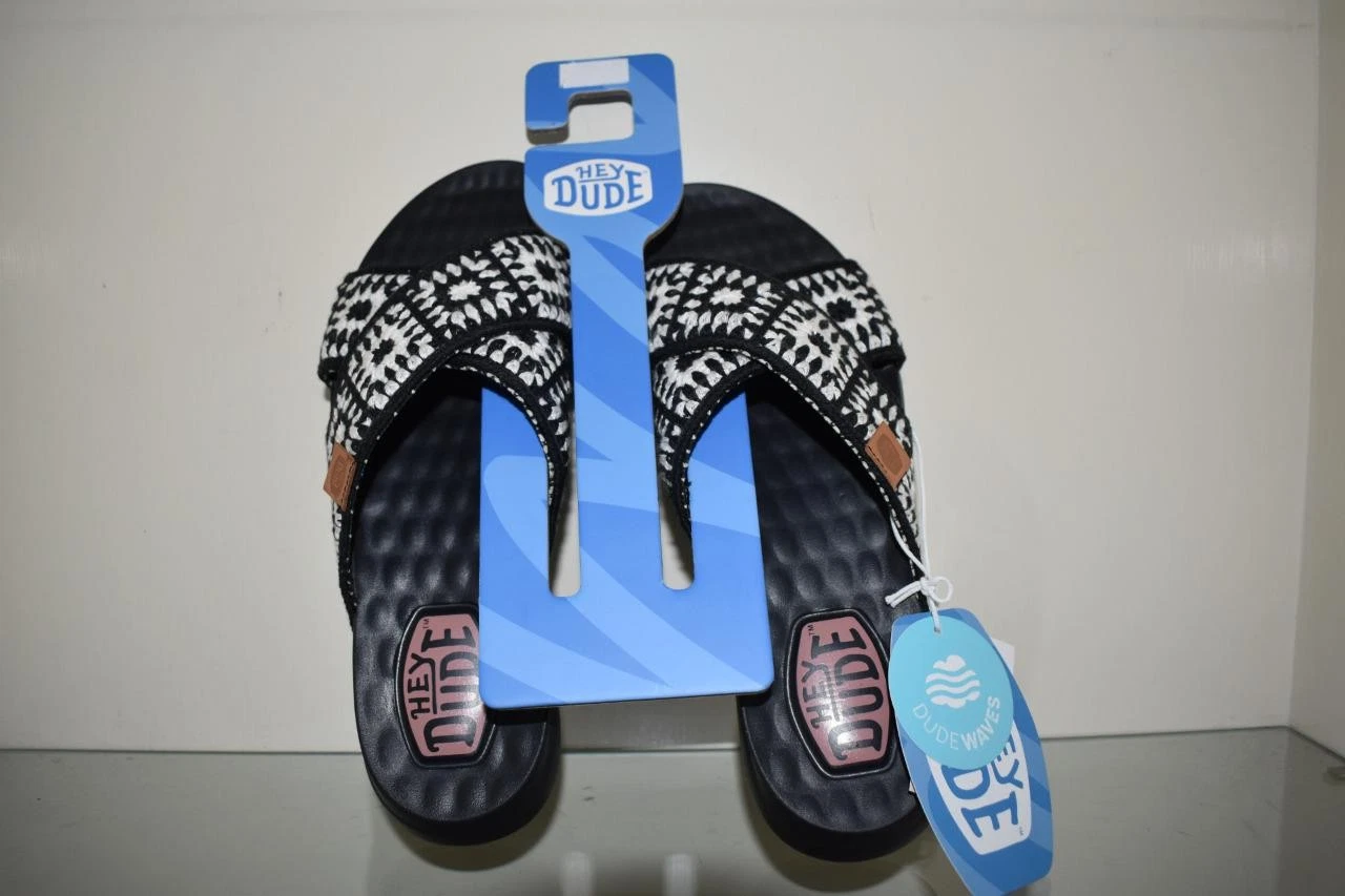 Hey Dude Christi Slide Cottage Crochet Sandals Black/White 43205-066 NWT