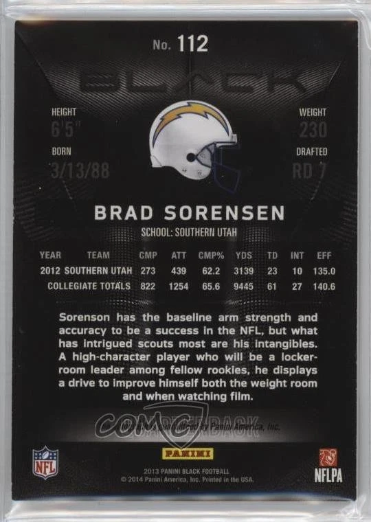 2013 Panini Black Rookie Black Signatures /5 Brad Sorensen #112 Rookie Auto RC - Image 2 of 2
