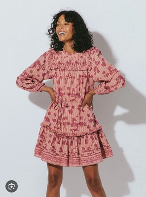 Cleobella Opal Mini Dress Women Dusty Rose Batik Tie Waist Tiered Ruffle Boho XS