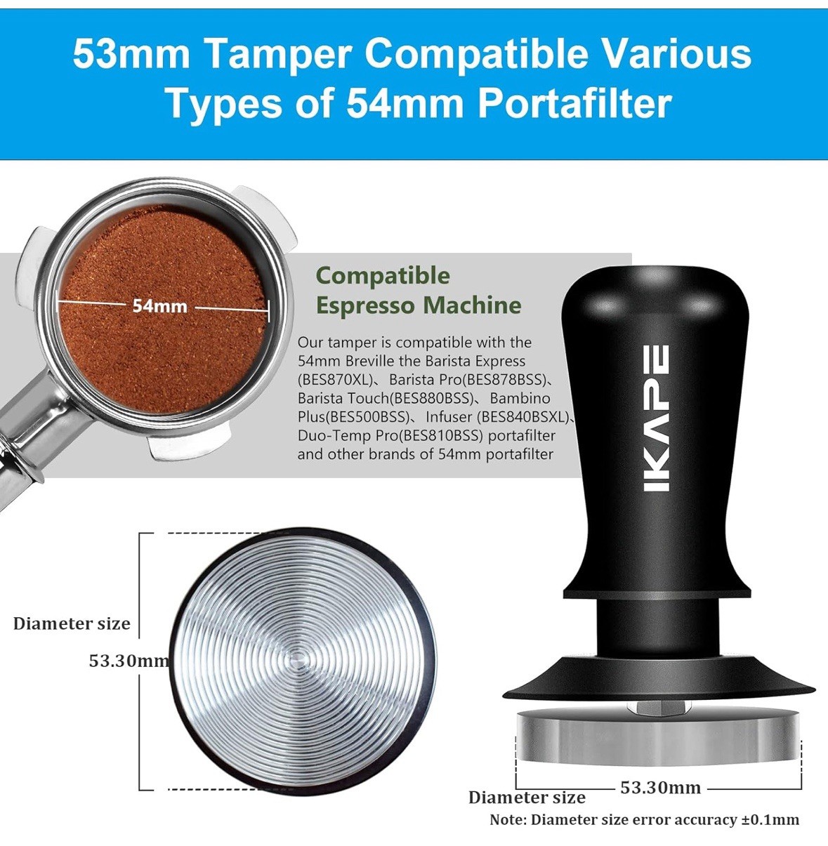 IKAPE 53.3mm Espresso Tamper, Premium Barista Coffee Tamper