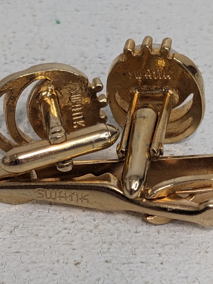 Juego de gemelos y clip de corbata de madreperla blanco cisne de latón vintage para hombre Foto 3 de 4