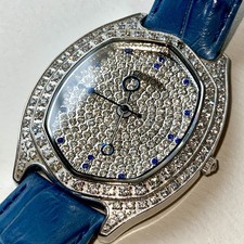 Croton Oval Watch Pav Crystal CZ Case Dial Blue Leather Strap Swiss Quartz