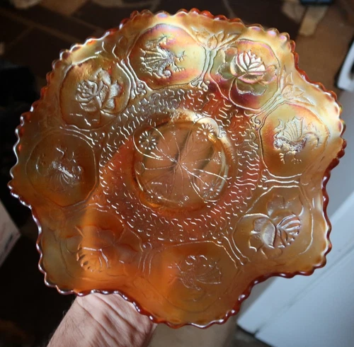 RARE Vintage Antique 9" Fenton Dragon & Lotus Carnival Glass Ruffled Bowl Orange