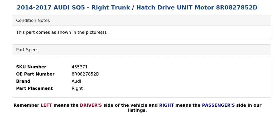 AUDI SQ5 2014-2017 - Maletero derecho/unidad de transmisión por escotilla motor 8R0827852D Foto 4 de 4