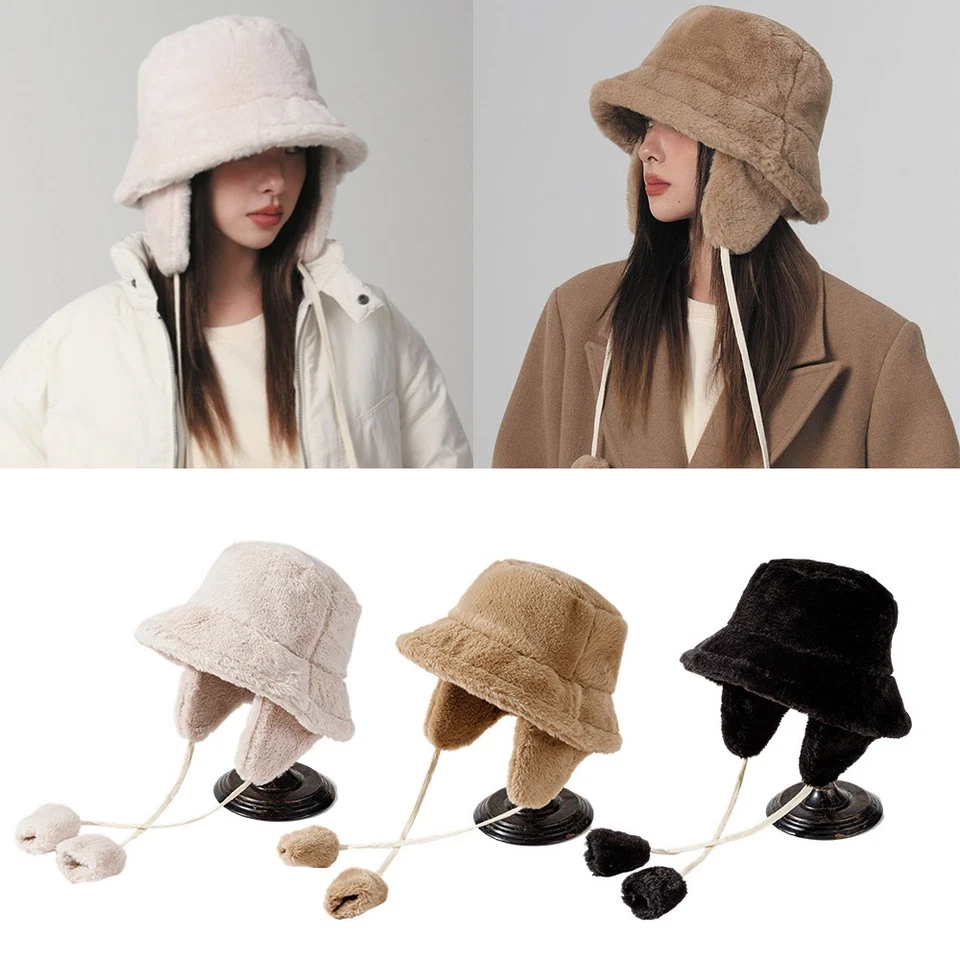 Sombrero de cubo de piel esponjosa - Cálido pescador felpa sombrero de invierno para mujer grueso peludo imitación⇓ Foto 4 de 4