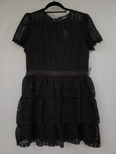 Express Black Floral Lace Tiered Short Sleeve Crew Neck Fit Flare Mini Dress L