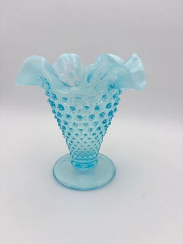 Vintage Fenton Light Blue Opalescent Hobnail Vase Ruffled Edge 5.5" Pre 70s