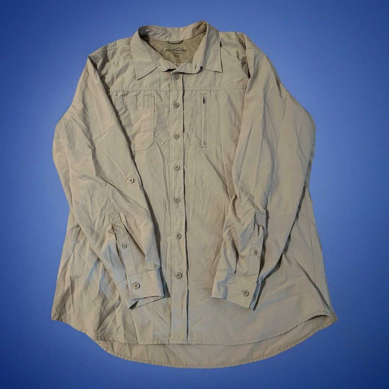Beige Eddie Bauer Outdoor Hiking Sunshade Long Sleeve Button Shirt Men’s SZ XLT